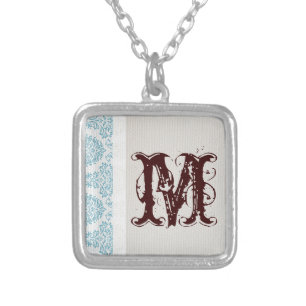 Blue Filigree Damask Monogram Necklace