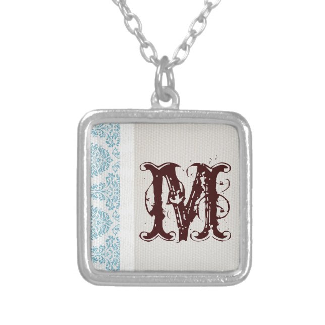 Blue Filigree Damask Monogram Necklace (Front)