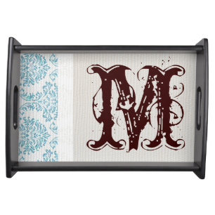 Blue Filigree Damask Monogram Serving Tray