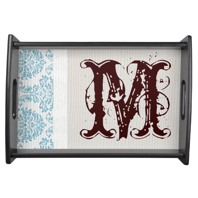 Blue Filigree Damask Monogram Serving Tray (Front)