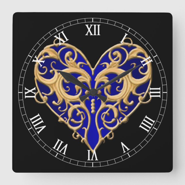 Blue Filigree Heart Roman Numeral Clock (Front)