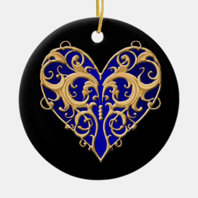 Blue Filigree Heart Round Ornament (Front)