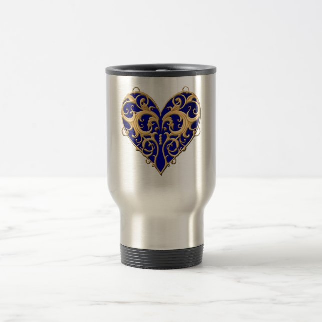 Blue Filigree Heart Travel Mug (Center)