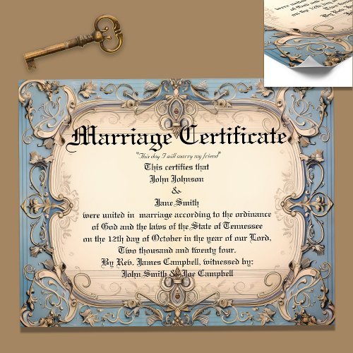 Blue Filigree Vintage Marriage Certificate  Poster
