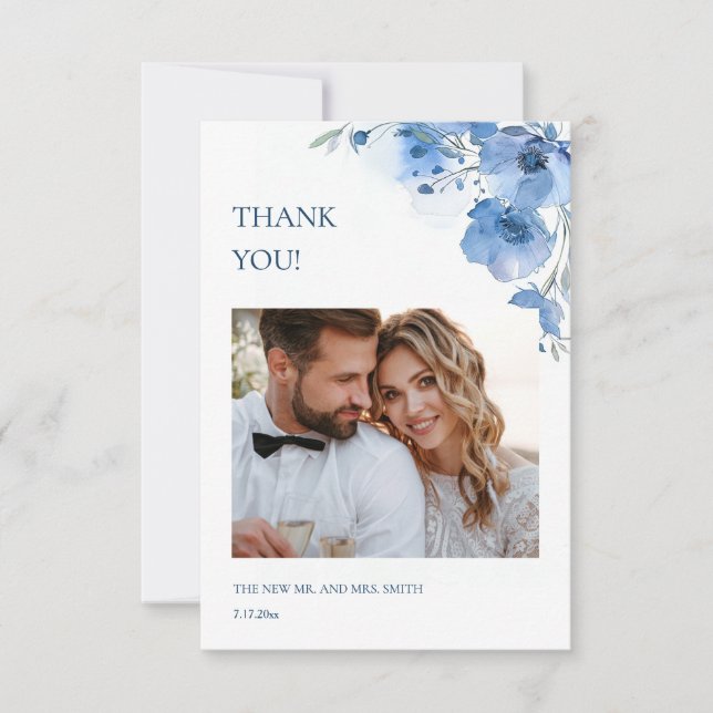 Blue Fine Art Flowers Wedding Thank You Card (Front)