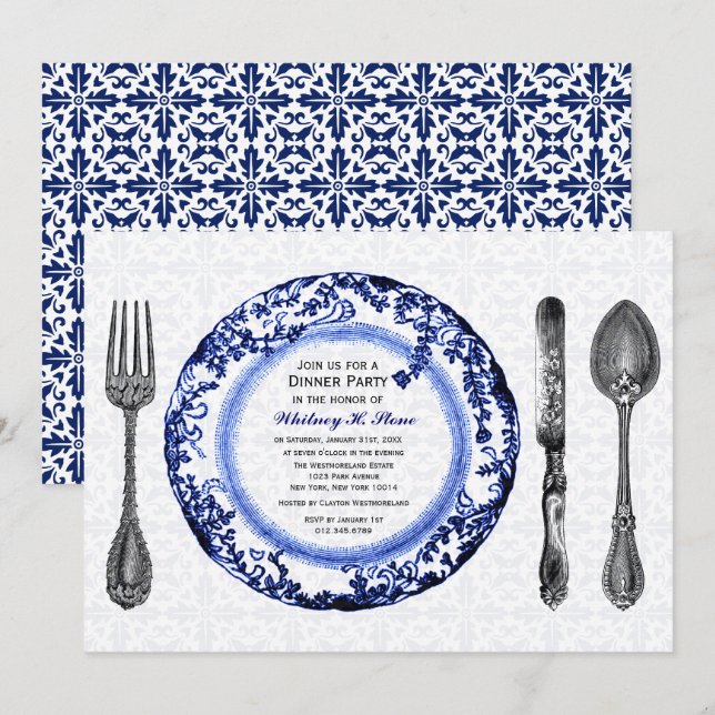 Blue Fine Dining Dinner Party Invitation (Front/Back)