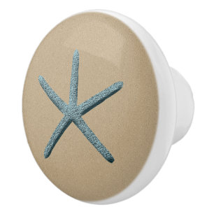Blue Finger Starfish On Sand Ceramic Knob