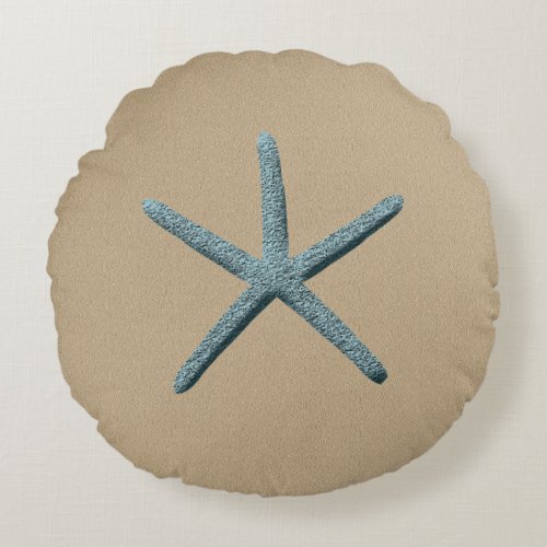 Blue Finger Starfish On Sand Colored Background Round Pillow