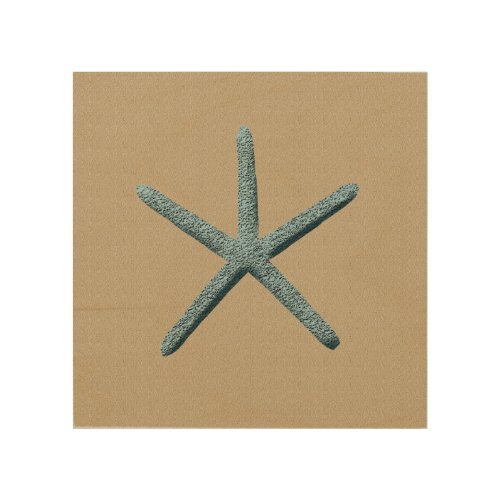 Blue Finger Starfish On Sand Colored Background Wood Wall Art