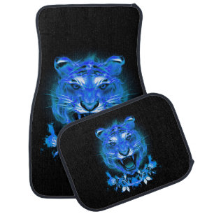 Blue Fire Flaming Tiger Cat Car Floor Mat