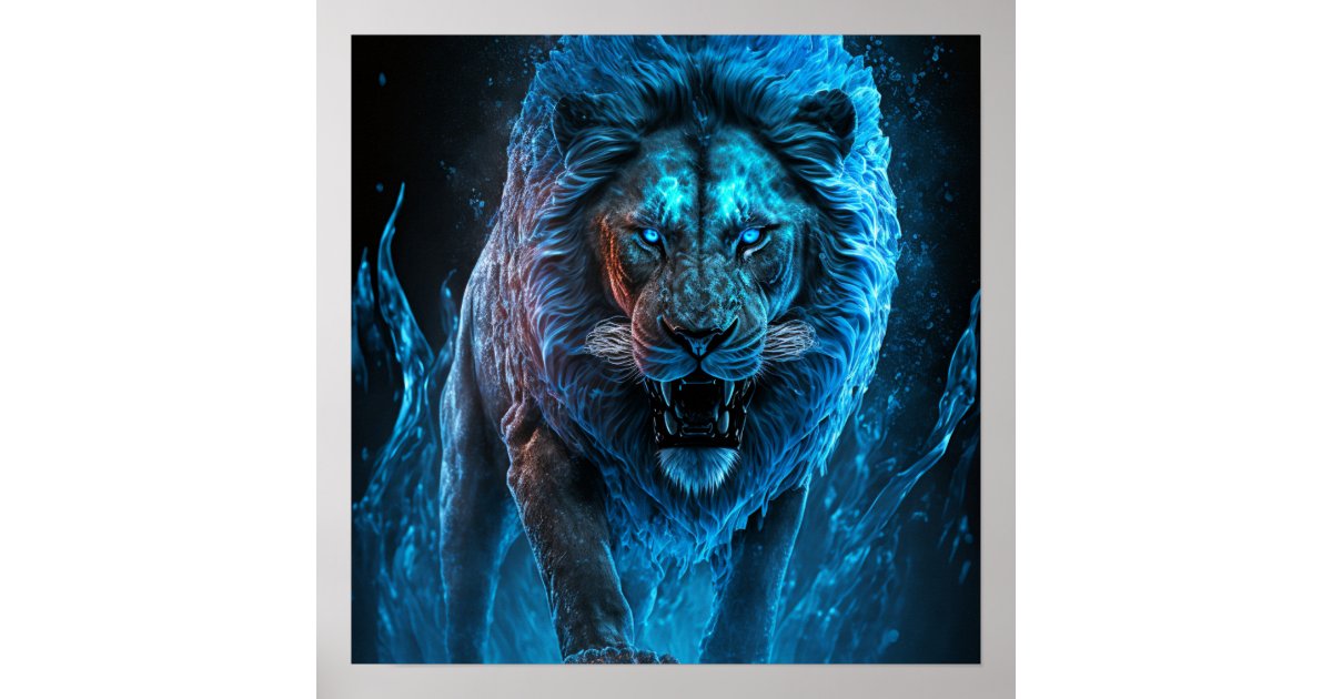 Blue Fire Lion Poster | Zazzle