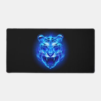 Blue Fire Tiger Face Desk Mat by FantasyCases at Zazzle