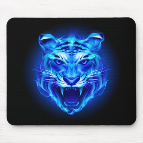 Blue Fire Tiger Face Mouse Pad