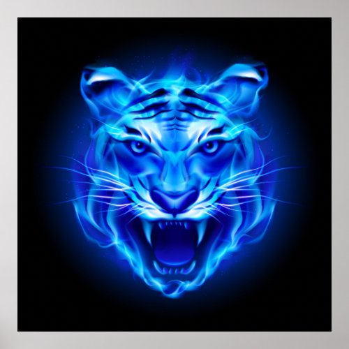 Blue Fire Tiger Face Poster