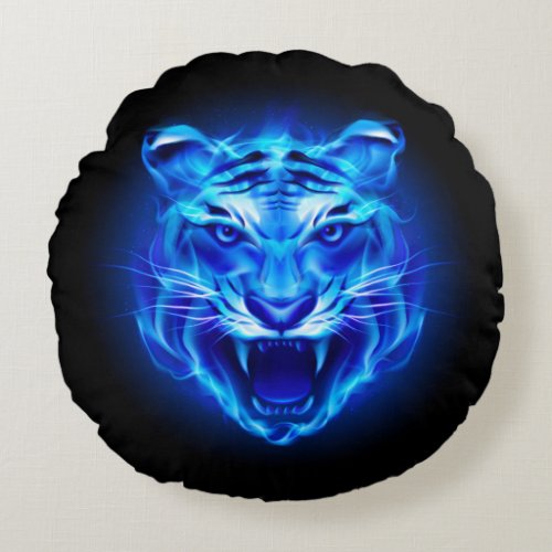 Blue Fire Tiger Face Round Pillow