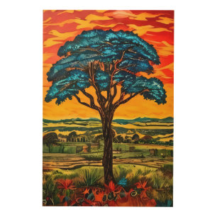 Blue Fire Tree Wood Wall Art