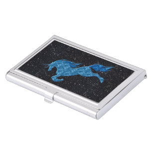 Blue Fire Unicorn Black Glitter Business Card Case
