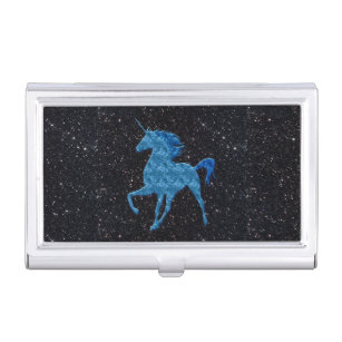 Blue Fire Unicorn Black Glitter Business Card Case