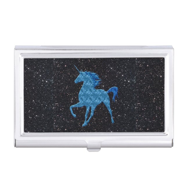 Blue Fire Unicorn Black Glitter Business Card Case (Front)