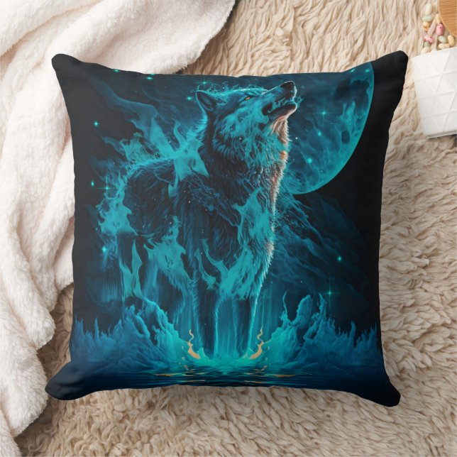 Blue Fire Wolf Throw Pillow (Blanket)
