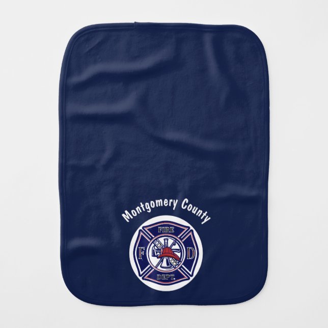 Blue Firefighter Badge Logo Personalized  Baby Burp Cloth (Front)