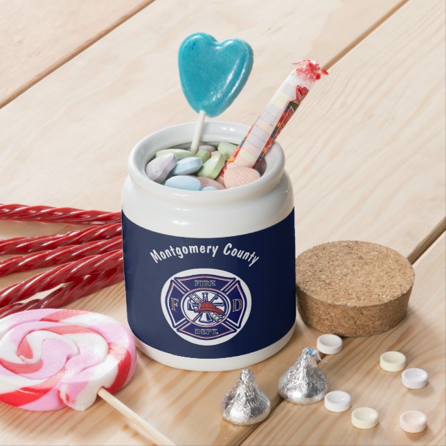 Blue Firefighter Badge Logo Personalized   Candy Jar (In Situ)
