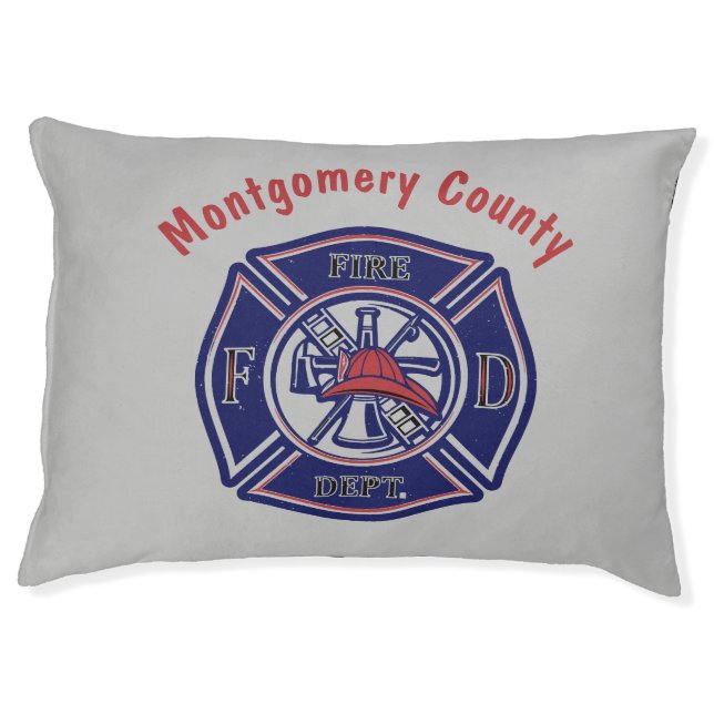 Blue Firefighter Badge Logo Personalized Gray Pet Bed (Front)