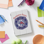 Blue Firefighter Badge Logo Personalized  iPad Pro Cover<br><div class="desc">Blue Fire Department badge style logo with red center helmet and customizable text in red casual font on light gray  background</div>