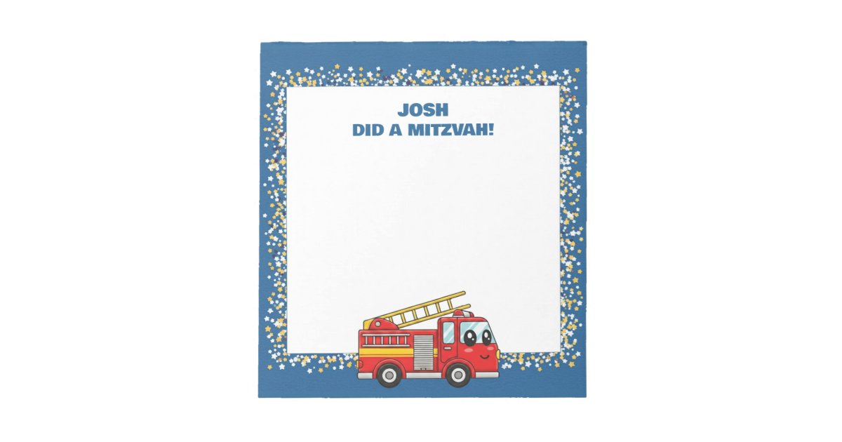 Blue FirefIghter Fire Truck Personalized Mitzvah Notepad | Zazzle