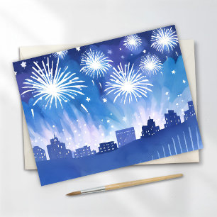 Blue Firework Display Fireworks Watercolor Postcard