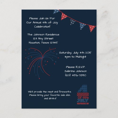 Blue Fireworks 4th of July Party Invitation
