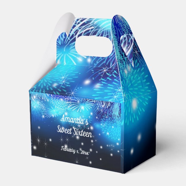 Blue Fireworks, Black, Sparkle, Sweet Sixteen, Favor Boxes (Front Side)