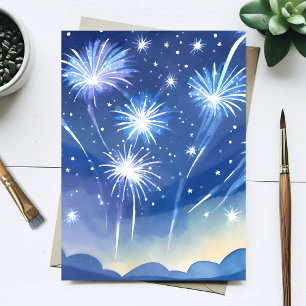 Blue Fireworks Firework Celebration Watercolor Postcard