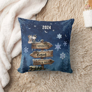 Blue First Christmas Couple Newlyweds Mountain Throw Pillow