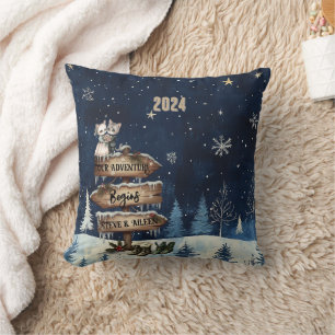 Blue First Christmas Couple Newlyweds Mountain Throw Pillow