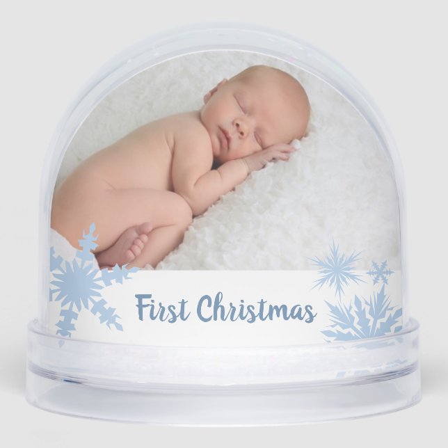 Blue First Christmas Double Photo Snow Globe (Front)