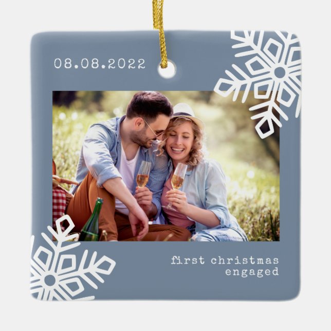 Blue First Christmas Engaged Snowflake Photo Ceramic Ornament (Front)