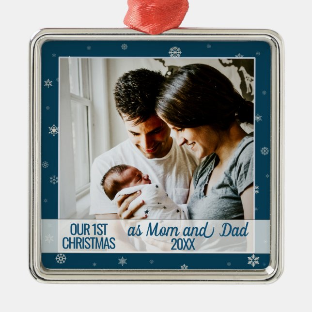 blue first Christmas mom & dad photo snowflakes Metal Ornament (Front)