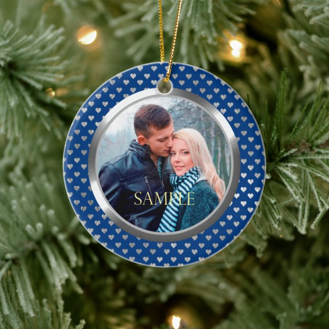 Blue First Christmas Silver Hearts Ceramic Ornament (Tree)
