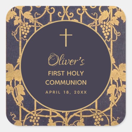 Blue First Communion Boy Gold Grape Vines Square Sticker