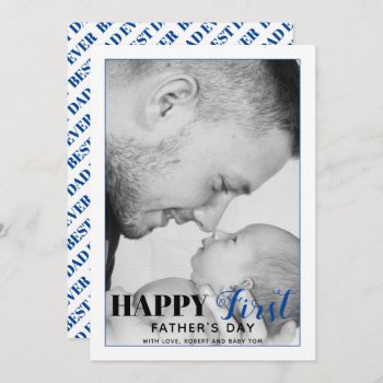 Blue First Father's Day Typography Photo Card by zazzleproducts1 at Zazzle