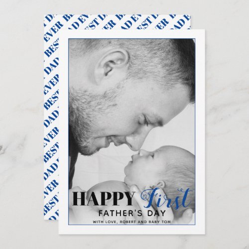 Blue First Fathers Day typography photo card