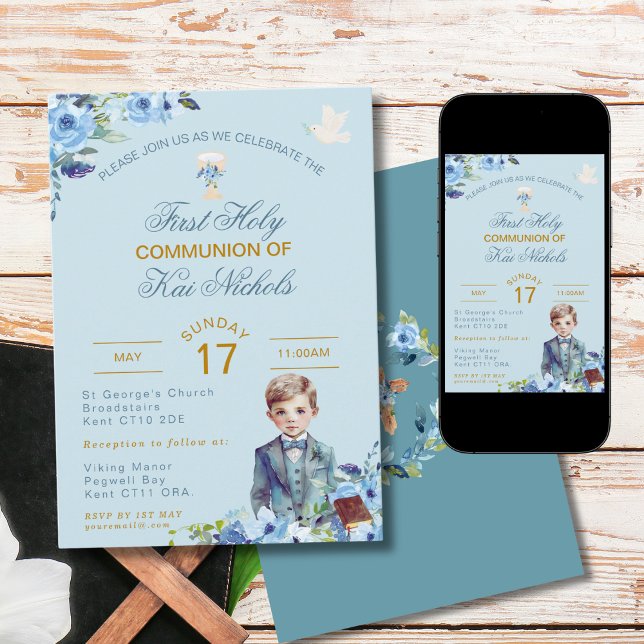 Blue First Holy Communion Invitation Chalice Boy (Creator Uploaded)
