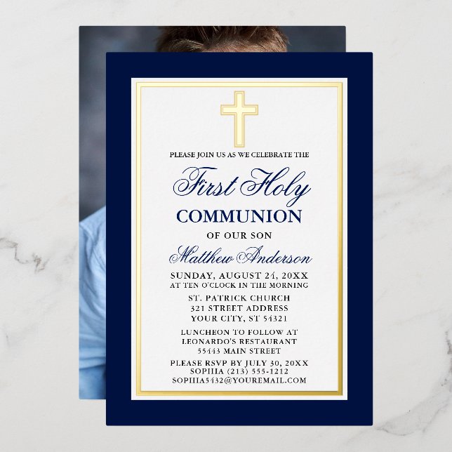 Blue First Holy Communion Photo Cross Gold Foil Invitation (Front/Back)