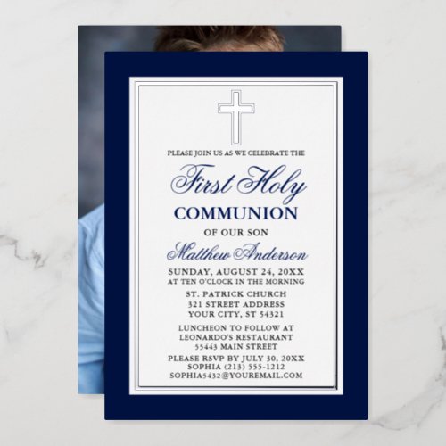 Blue First Holy Communion Photo Cross Silver Foil Invitation