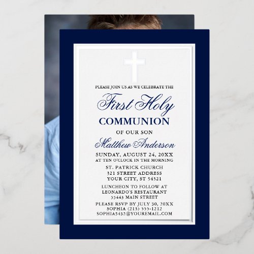 Blue First Holy Communion Photo Cross Silver