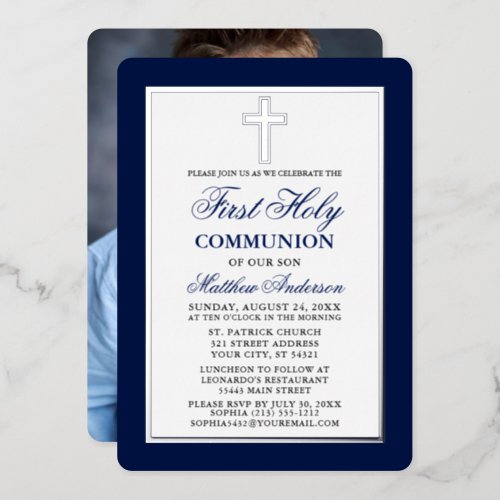 Blue First Holy Communion Photo Silver Frame Foil Invitation