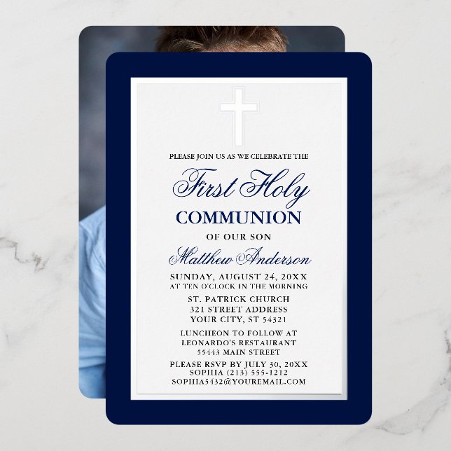 Blue First Holy Communion Photo Silver Frame Foil Invitation (Front/Back)
