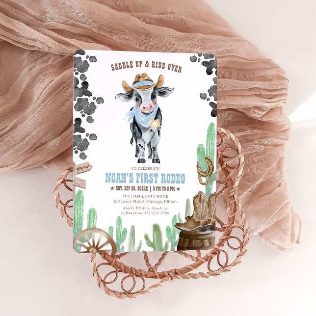 Blue First Rodeo 1st Birthday Invitation, Boy Cow  Invitation (Creator Uploaded)