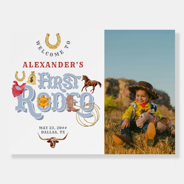 Blue First Rodeo Baby Boy 1st Birthday Welcome Foam Board (Front)